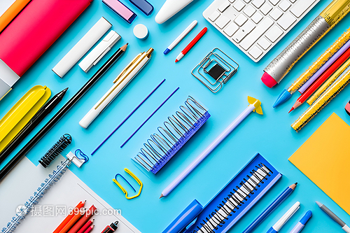 藍色桌面上的辦公用品