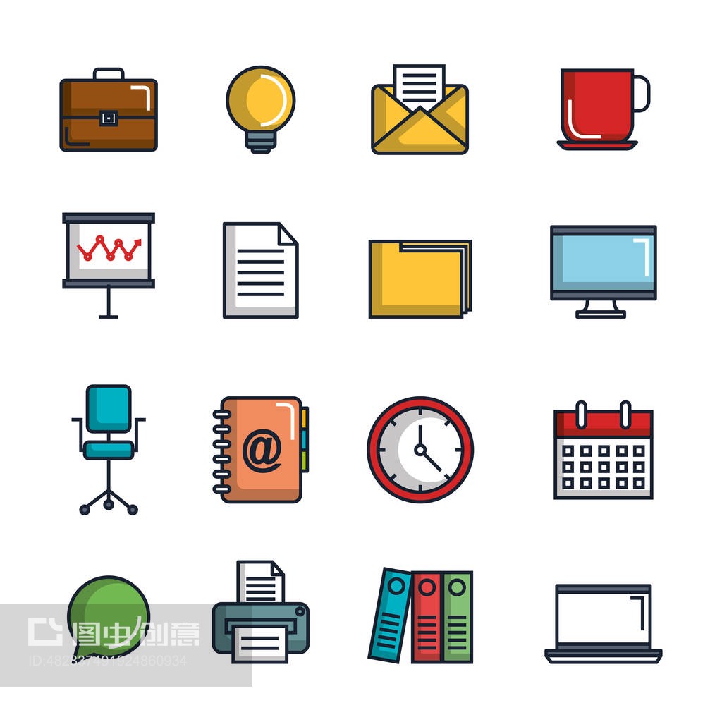 辦公文具設備用品圖標套裝 現代辦公環境的視覺助手
